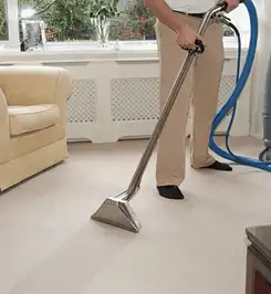 Professional carpet cleaner using a hot-water extraction wand and hose machine in a living room in Richmond, VA.