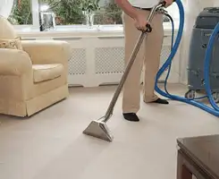 Carpet cleaning professional removing dirt and stains with a hot-water extraction tool in a home, Richmond, VA.